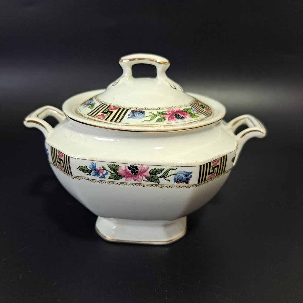 J & G Meakin England SOL Square Covered Sugar Bowl With Gold Trim & Black Pink F